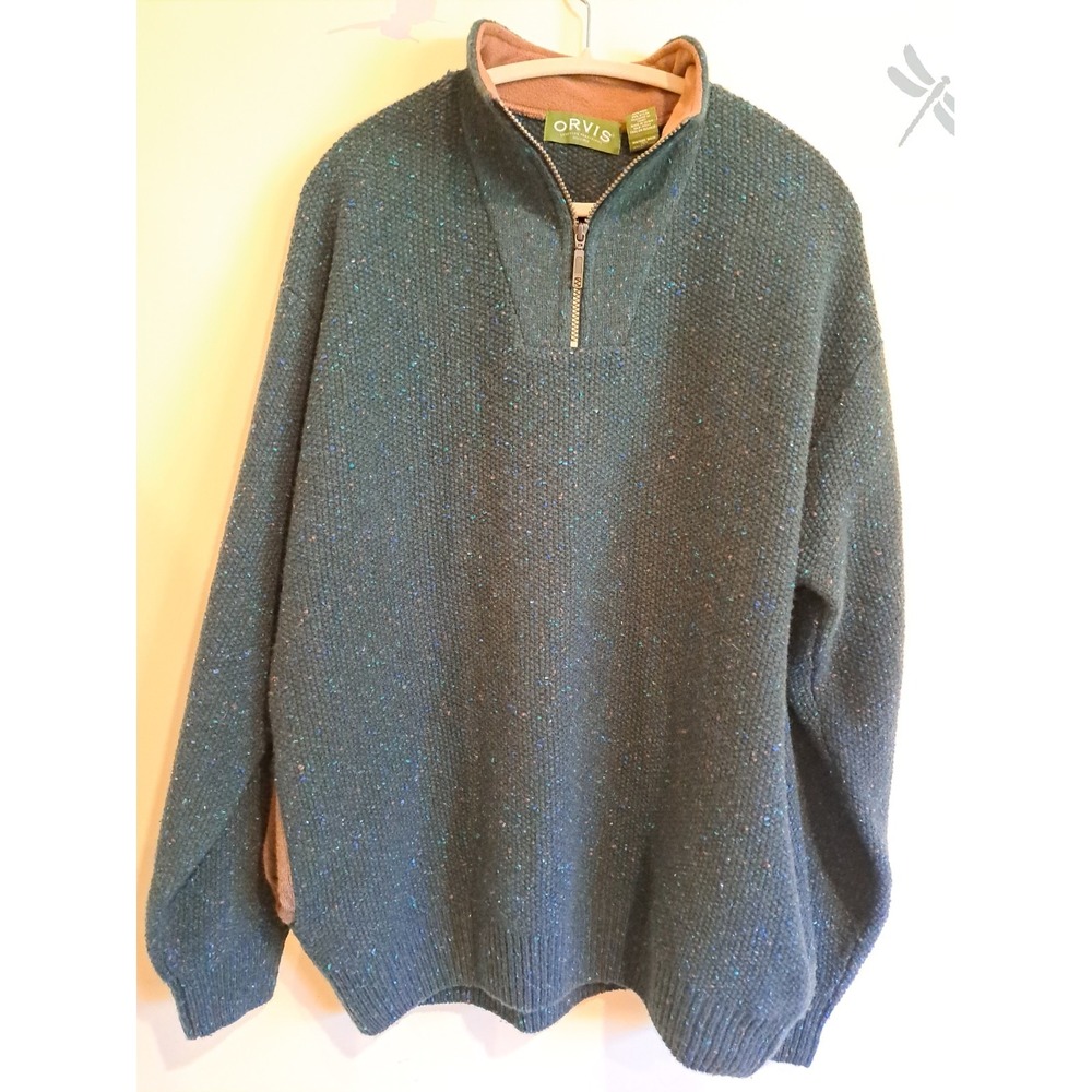 Orvis Men's XL Green Wool Blend Speckled Knit 1/4 Zip Pullover Sweater Pockets